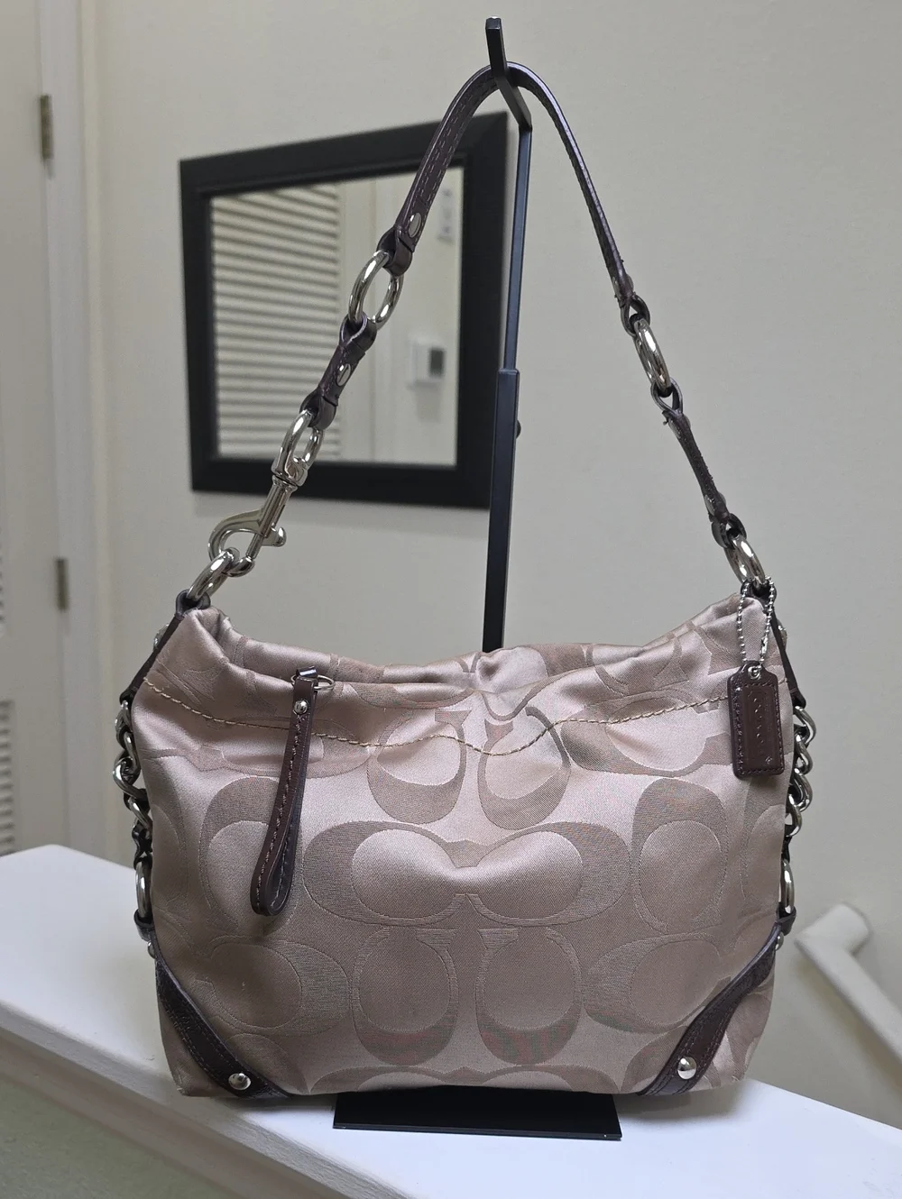 COACH F15250 Signature Khaki Fabric/Brown Leather Trim Carly Hobo GUC